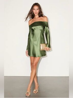 Lulu's One-Shoulder Satin Mini Dress in Olive